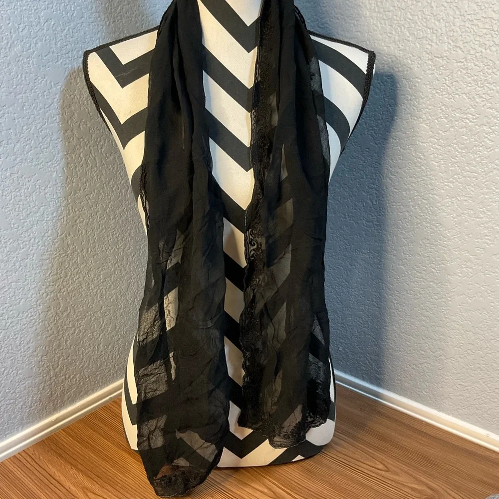 Elegant Black Sheer embroidery Scarf